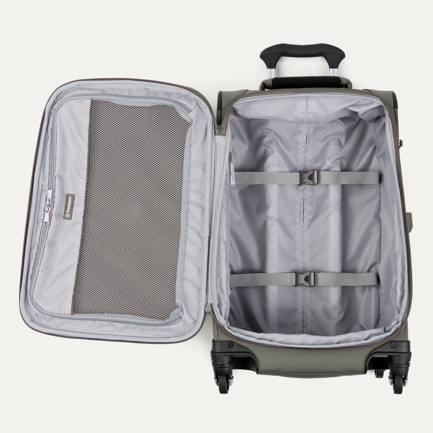 Open suitcase with wheels on a white background