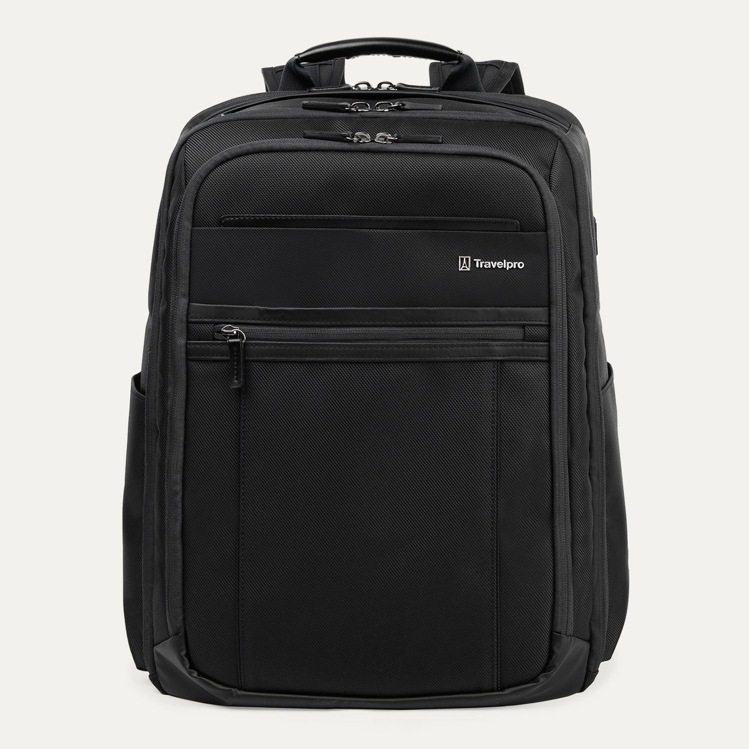 A black Travelpross Crew Executive Choice 3 large travel backpack with multiple compartments and zipper closures, featuring a logo on the front.
