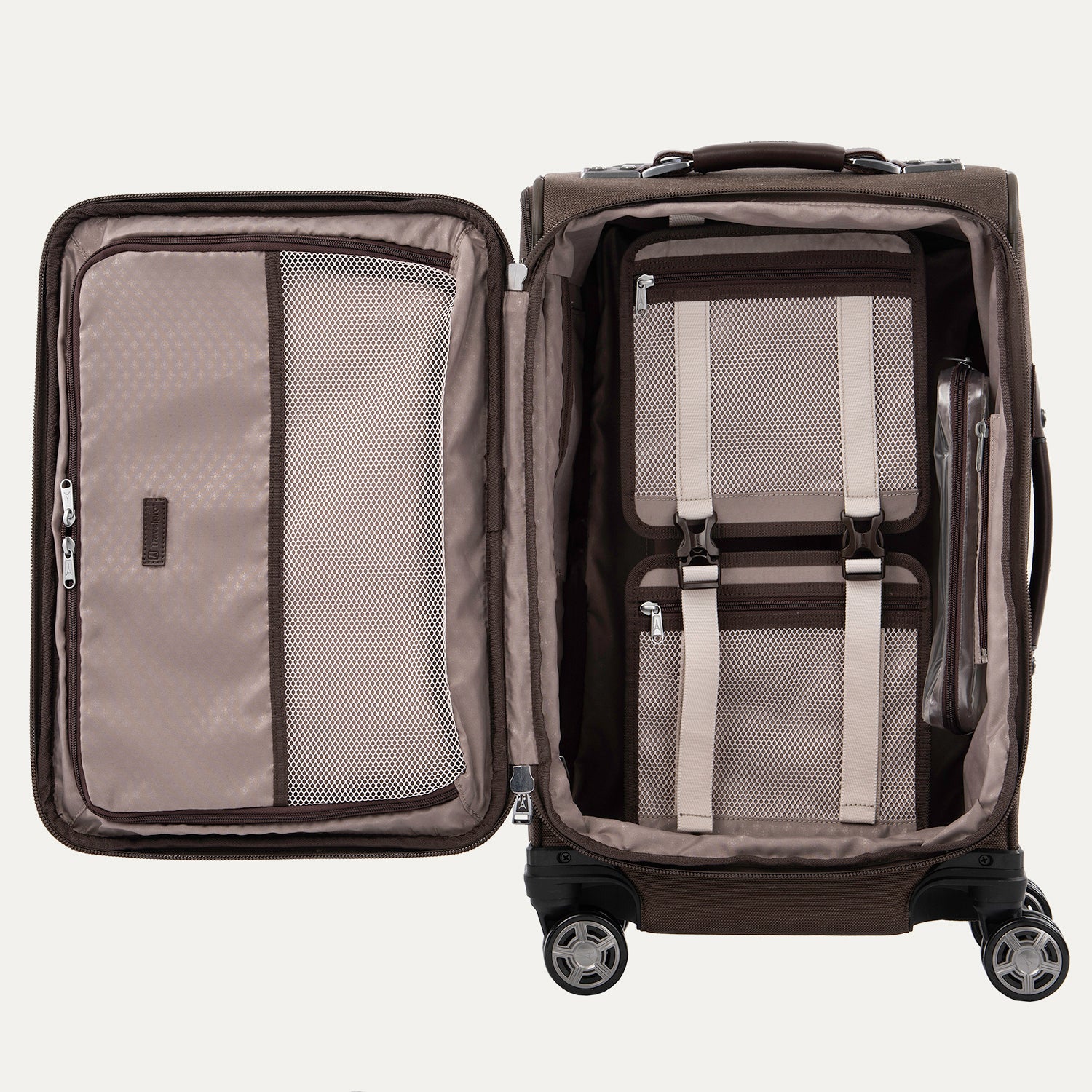 Open suitcase with interior organization panels on a white background