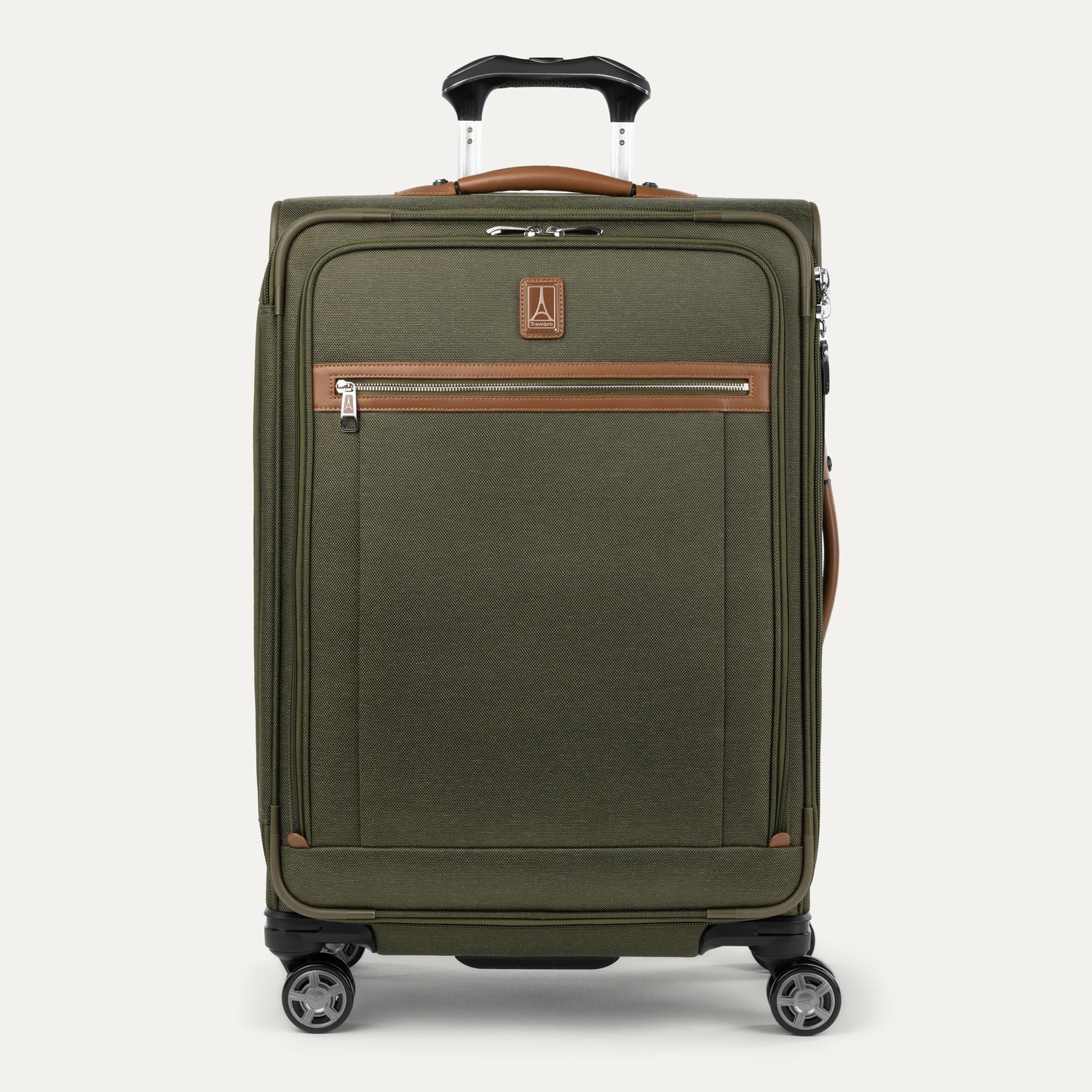 Front-facing Travelpross Platinum Elite Medium Expandable Spinner in Olive Green, with leather trim and spinner wheels.