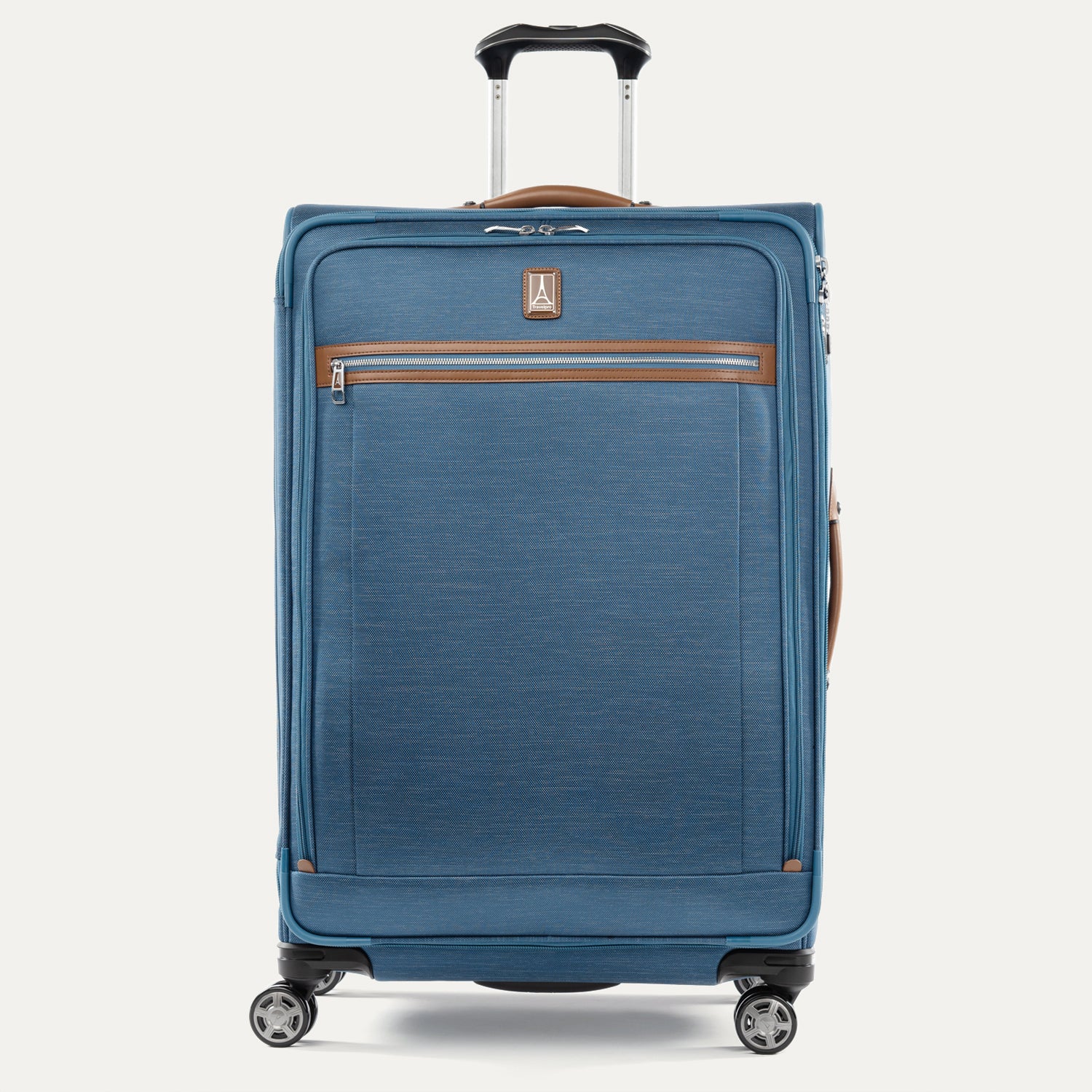 Front-facing Travelpross Platinum Elite Large Expandable Spinner in Coastal Blue, with leather-trimmed exterior zipper pocket.