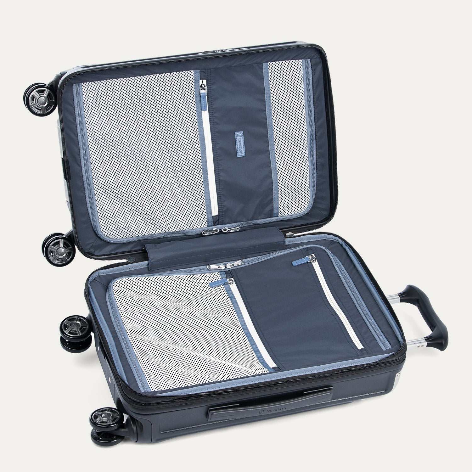 Open navy suitcase with black wheels on a white background