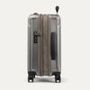 Side view of expanded metallic sand suitcase with combination lock on a white background