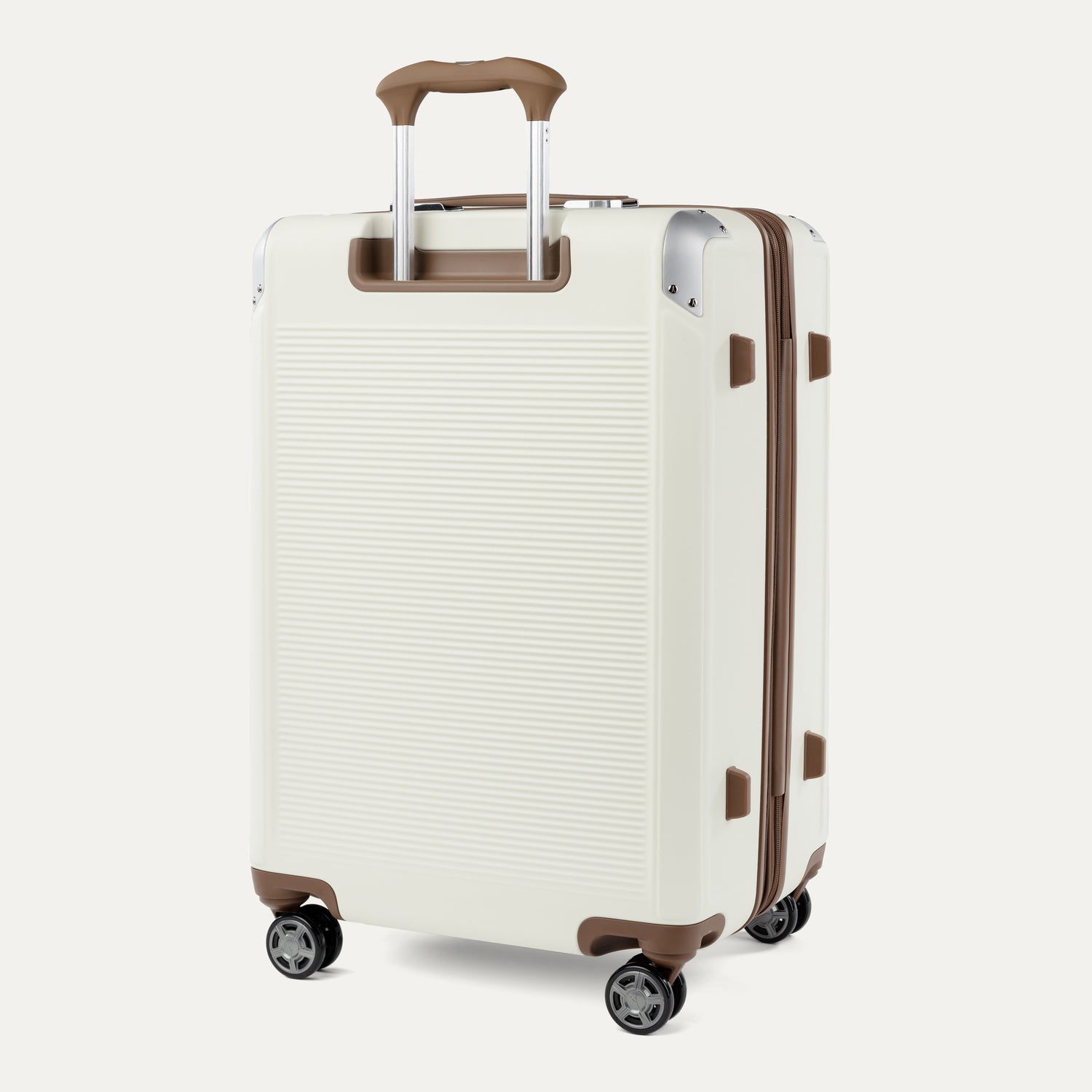 White suitcase with brown accents on a white background