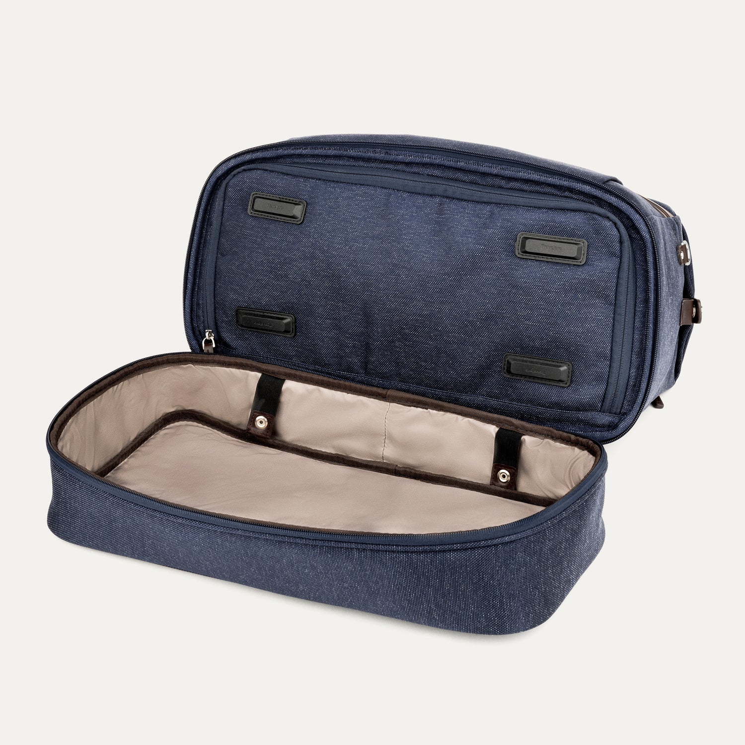 Blue weekender with open shoe compartment on a white background