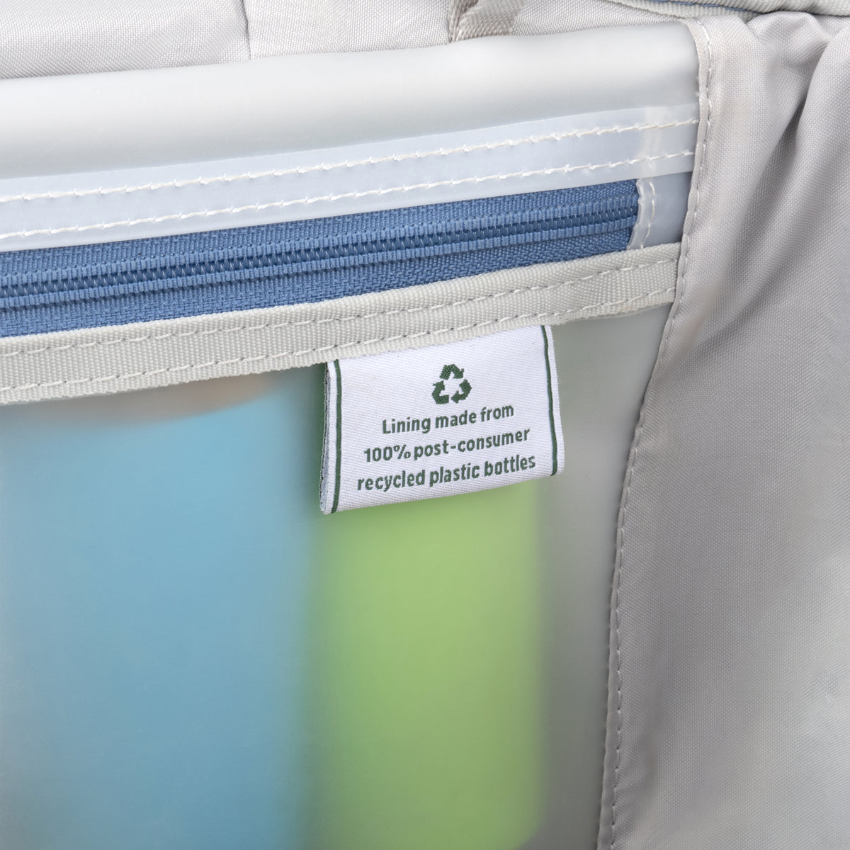 Label on a product indicating recycled plastic bottle material