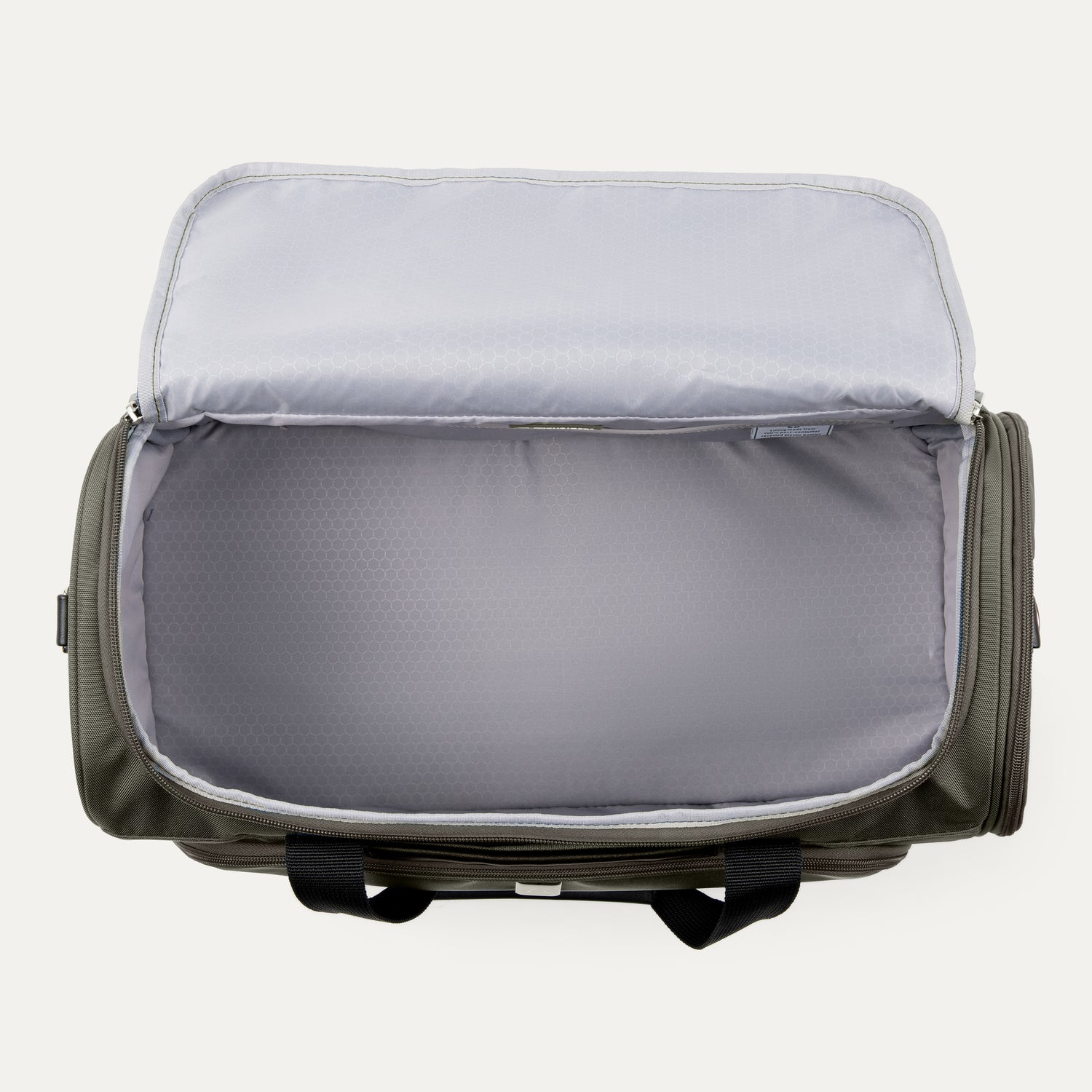 Open green weekender with gray interior on a white background