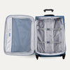 Open blue suitcase with interior compartments on a white background