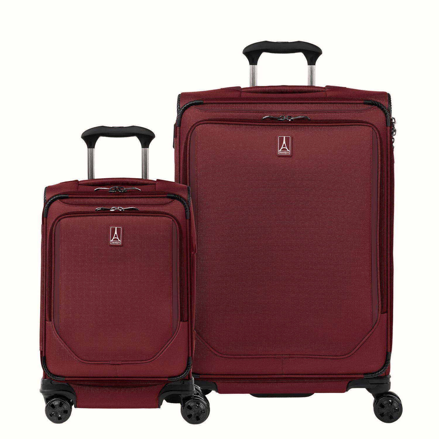A set of two red spinner suitcases, one carry-on and one medium check-in size, with the Travelpross logo on the front.