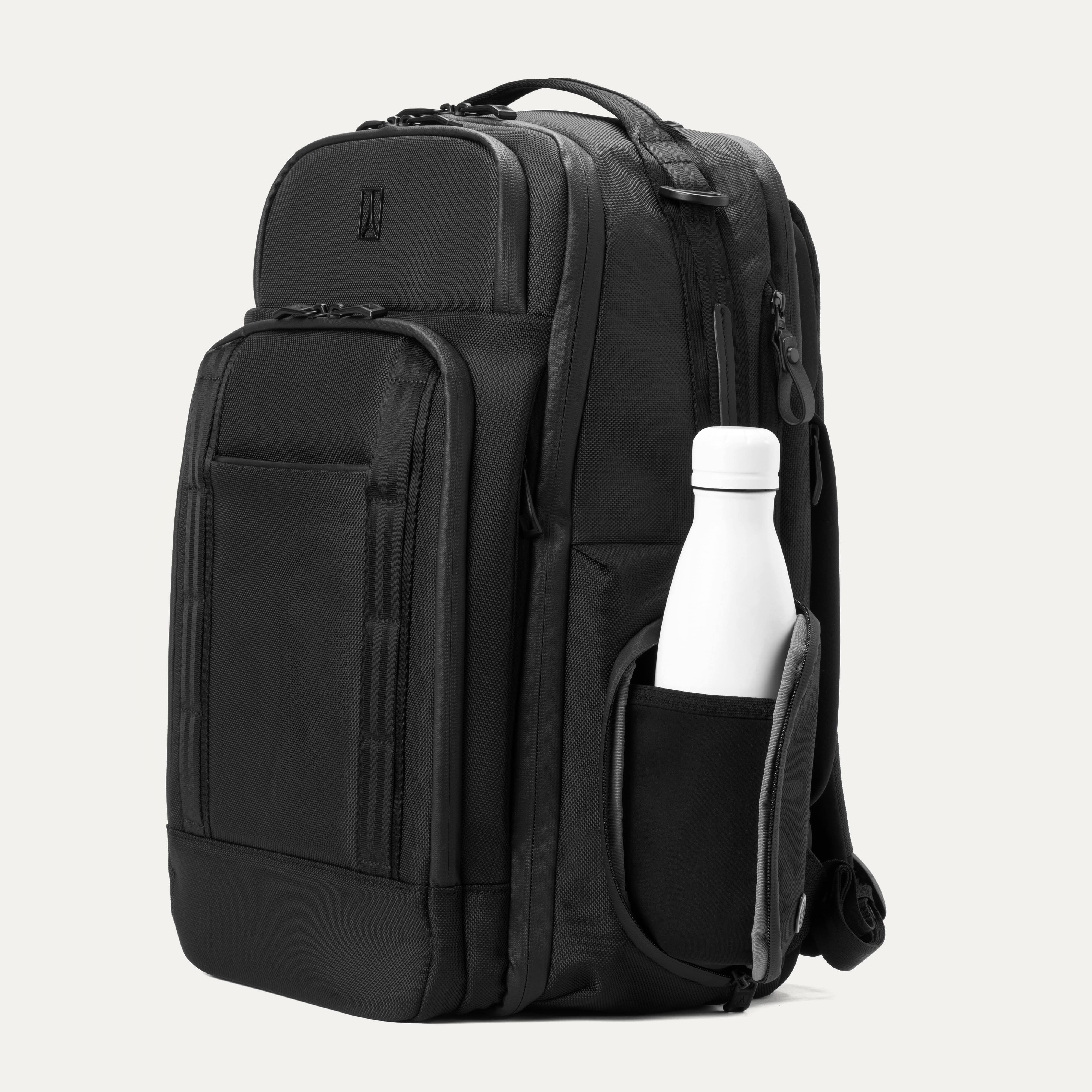 Black backpack with a white bottle inside on a white background