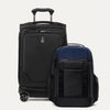 A set of two pieces of luggage, featuring a black carry-on spinner and a aviator navy laptop backpack, on a white background
