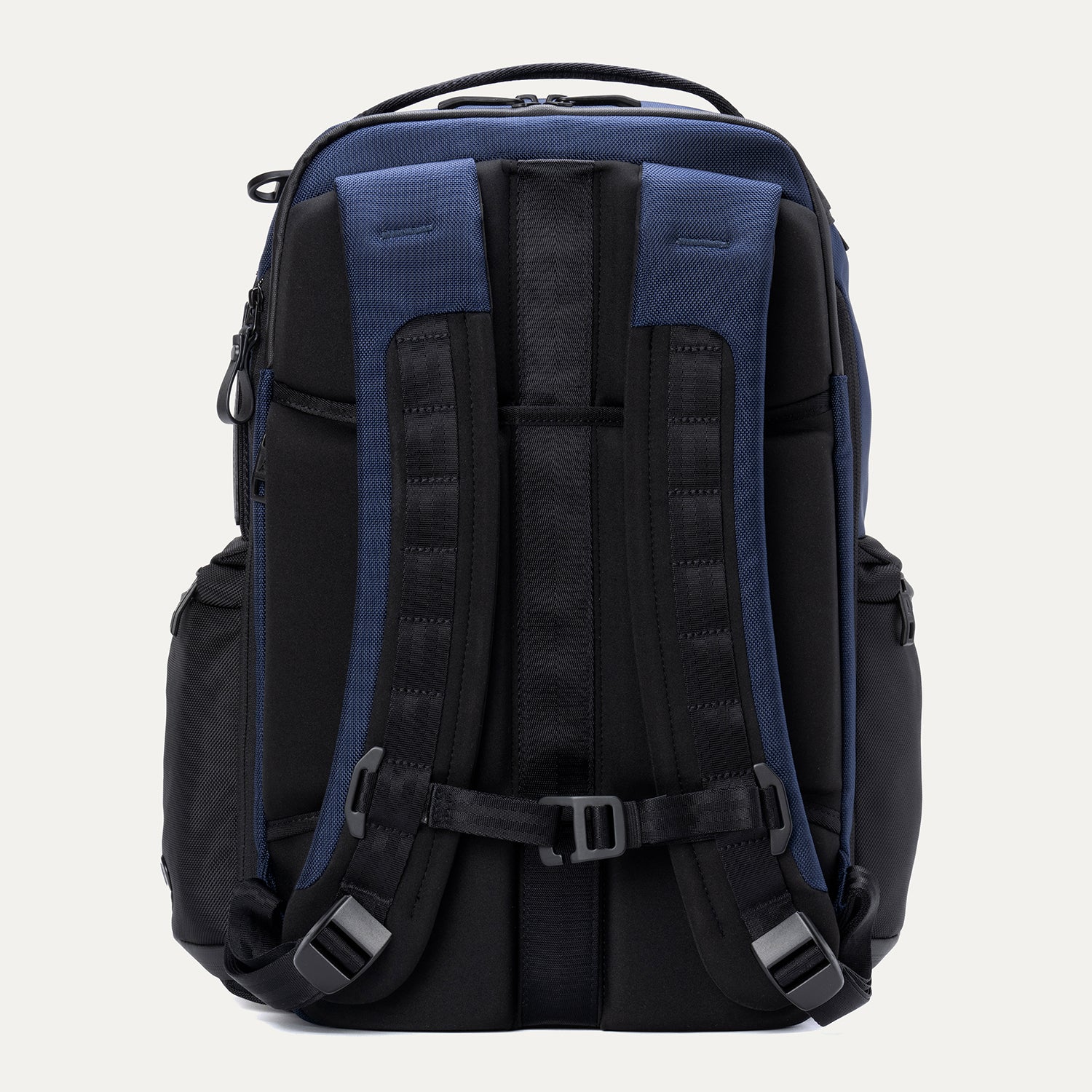 Rear view of aviator navy backpack on a white background