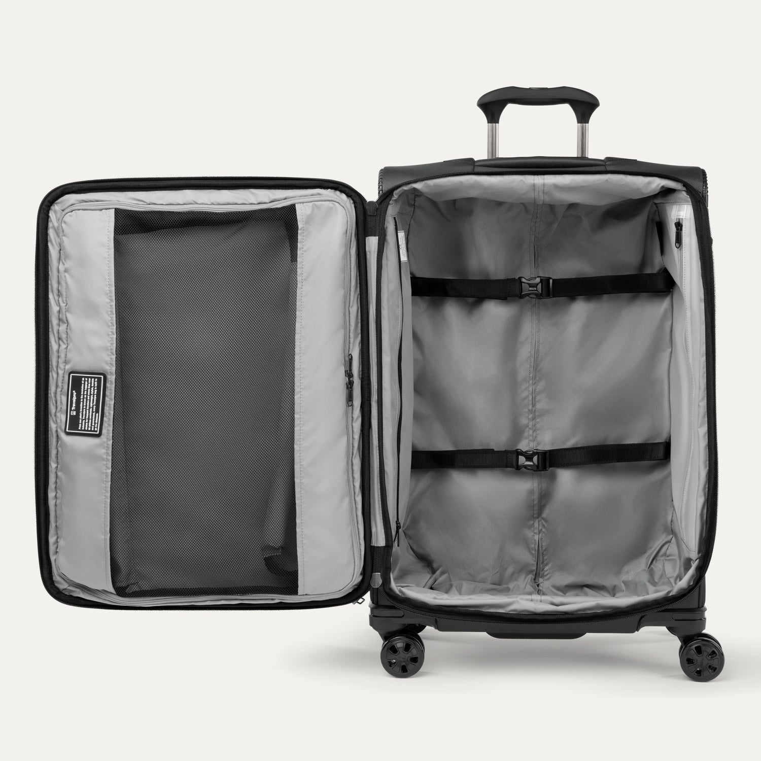Open black suitcase with interior organization panel on a white background