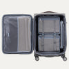 Open grey suitcases with built-in organization pockets and adjustable straps.