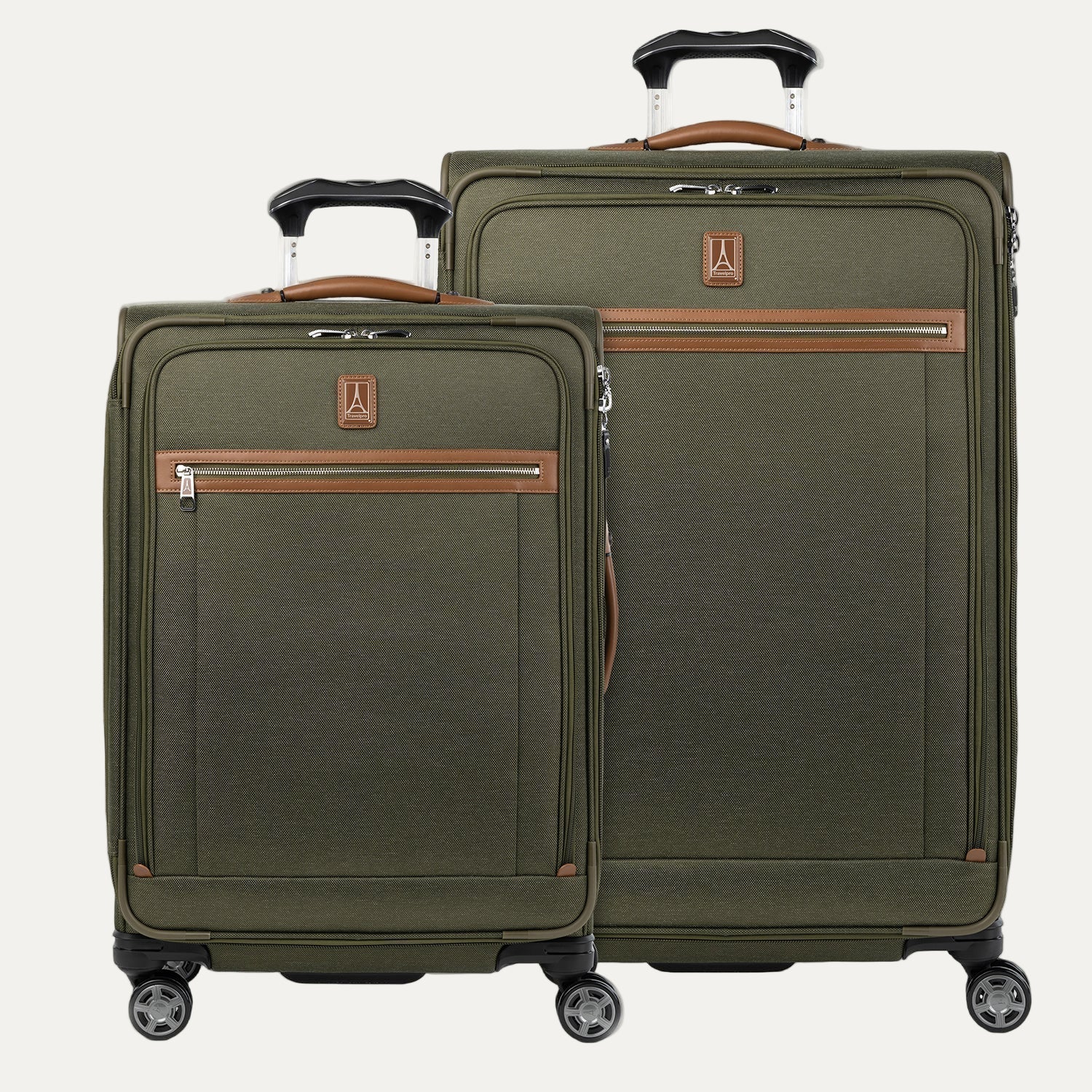 Two olive green check-in suitcases with spinner wheels and brown accents, including handles and trim. One larger and one smaller suitcase, both standing upright.