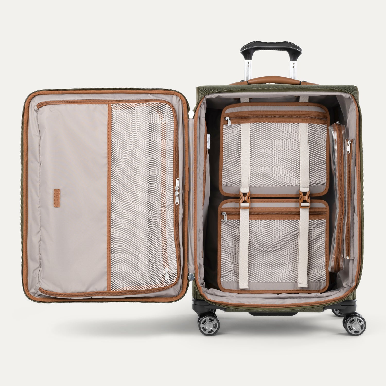 Open suitcase in olive green showing the interior compartments on a white background