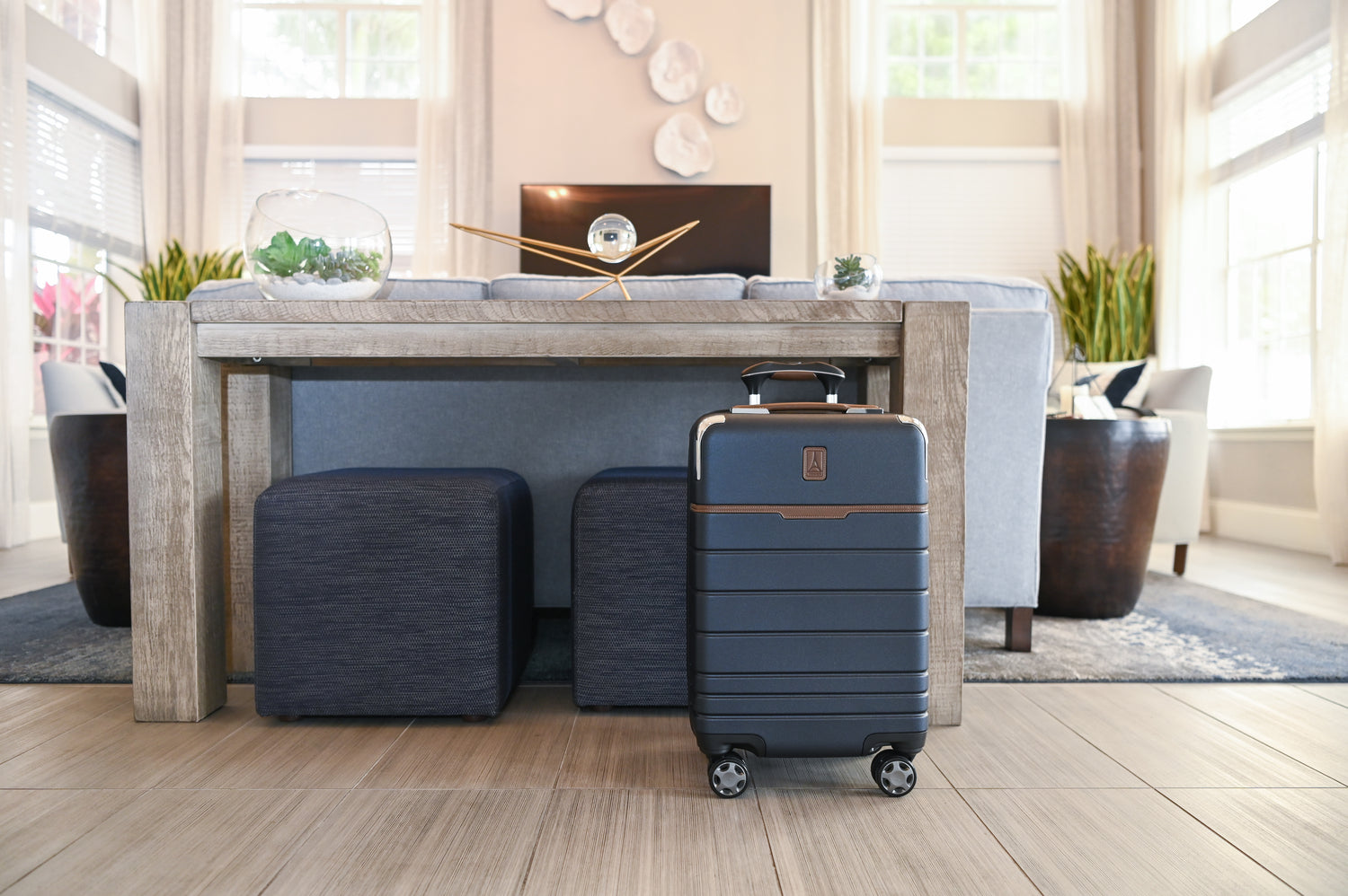 Travelpross carry on spinner suitcase in living room