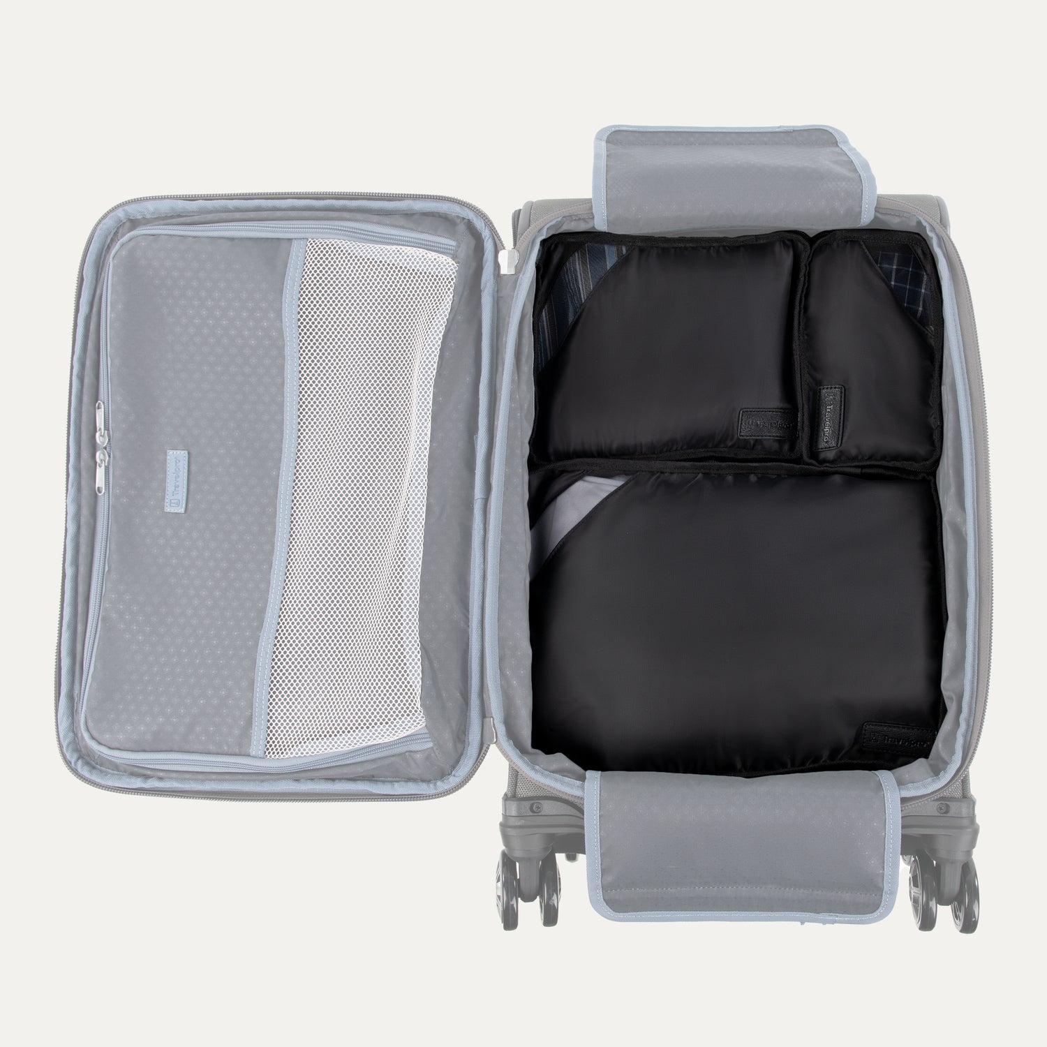Top view of open carry-on with Travelpross Essentials 3 Pack Packing Cube Set in BLACK, neatly packed to maximize space.
