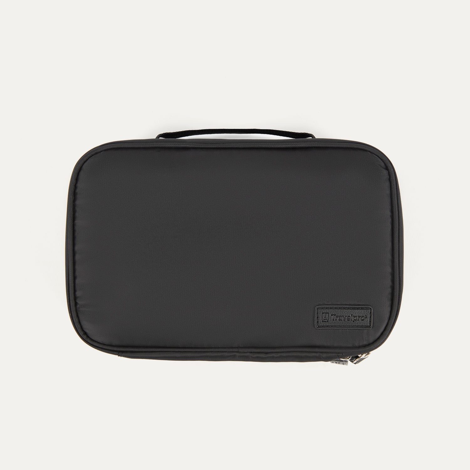 Travelpross Split Case Toiletry Bag in black with a top carry handle and Travelpross logo patch.
