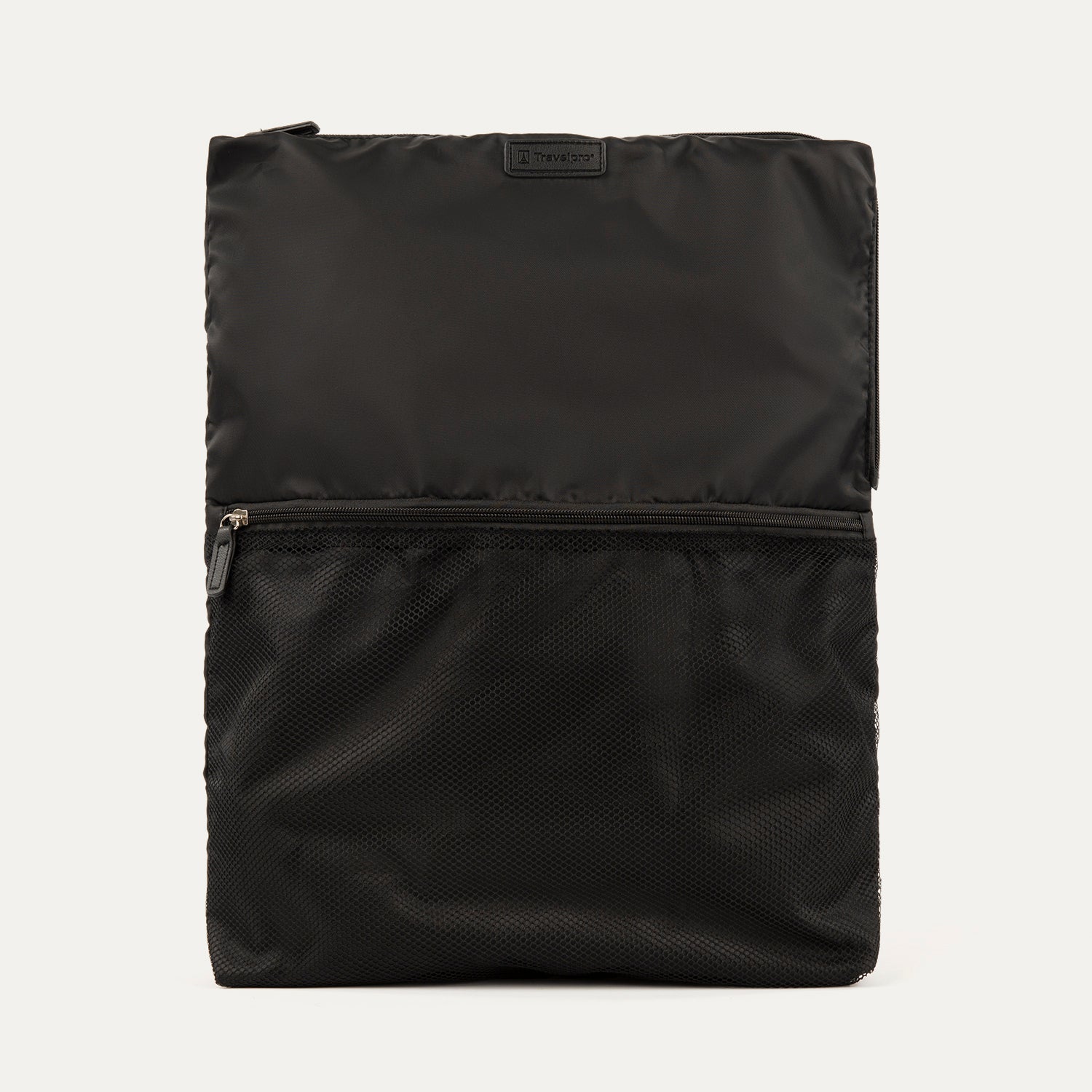 A black Travelpross Essentials washable travel laundry bag with a mesh pocket on the front