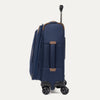 Side view of expanded blue suitcase with black wheels and handle on a white background