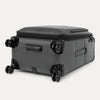 Grey suitcase with black wheels on a white background