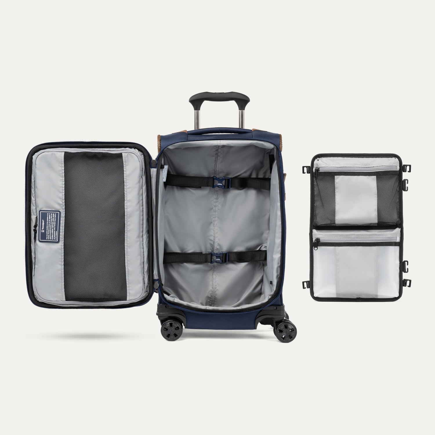 Open suitcase with interior view on a white background