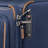 Close-up look of a blue suitcase with a combination lock 