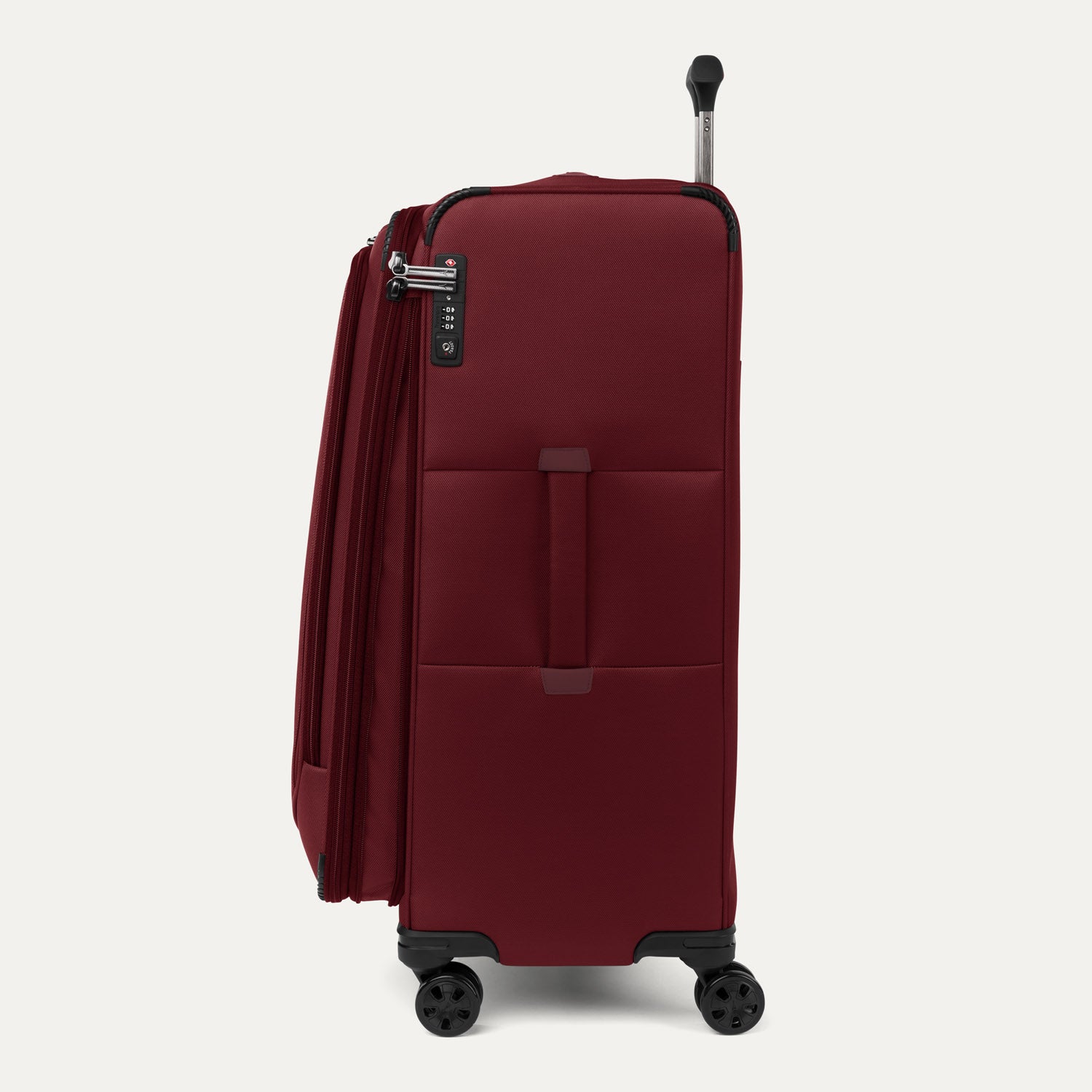 **Side view of the Crew™ Classic Large Check-In Spinner in Rosewood Red, featuring the TSA-approved lock, extension handle, and spinner wheels.**
