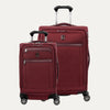 A set of two red Platinum Elite spinner suitcases, one carry-on and one medium check-in size, with chrome zippers on a white background