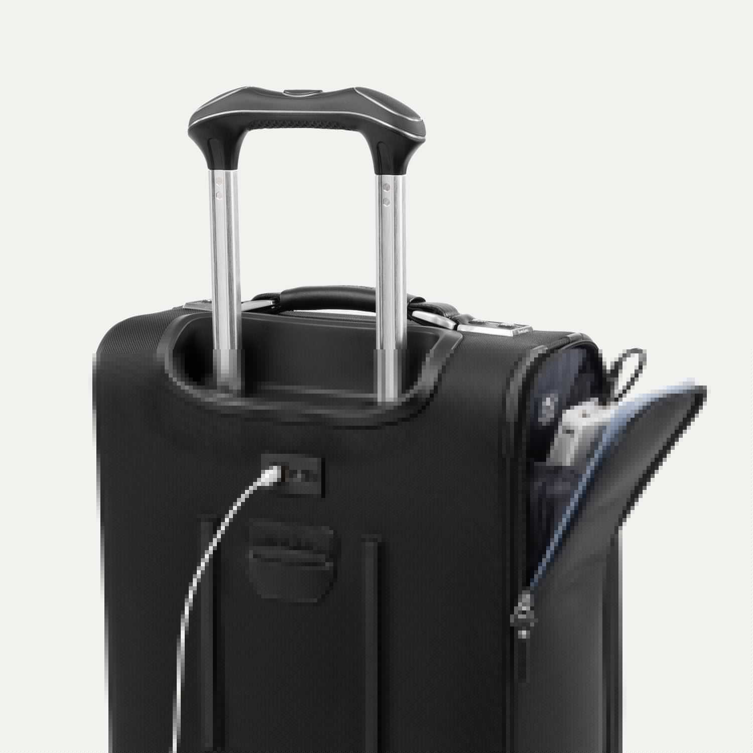 Black suitcase with handle extended and open power bank pocket on a white background