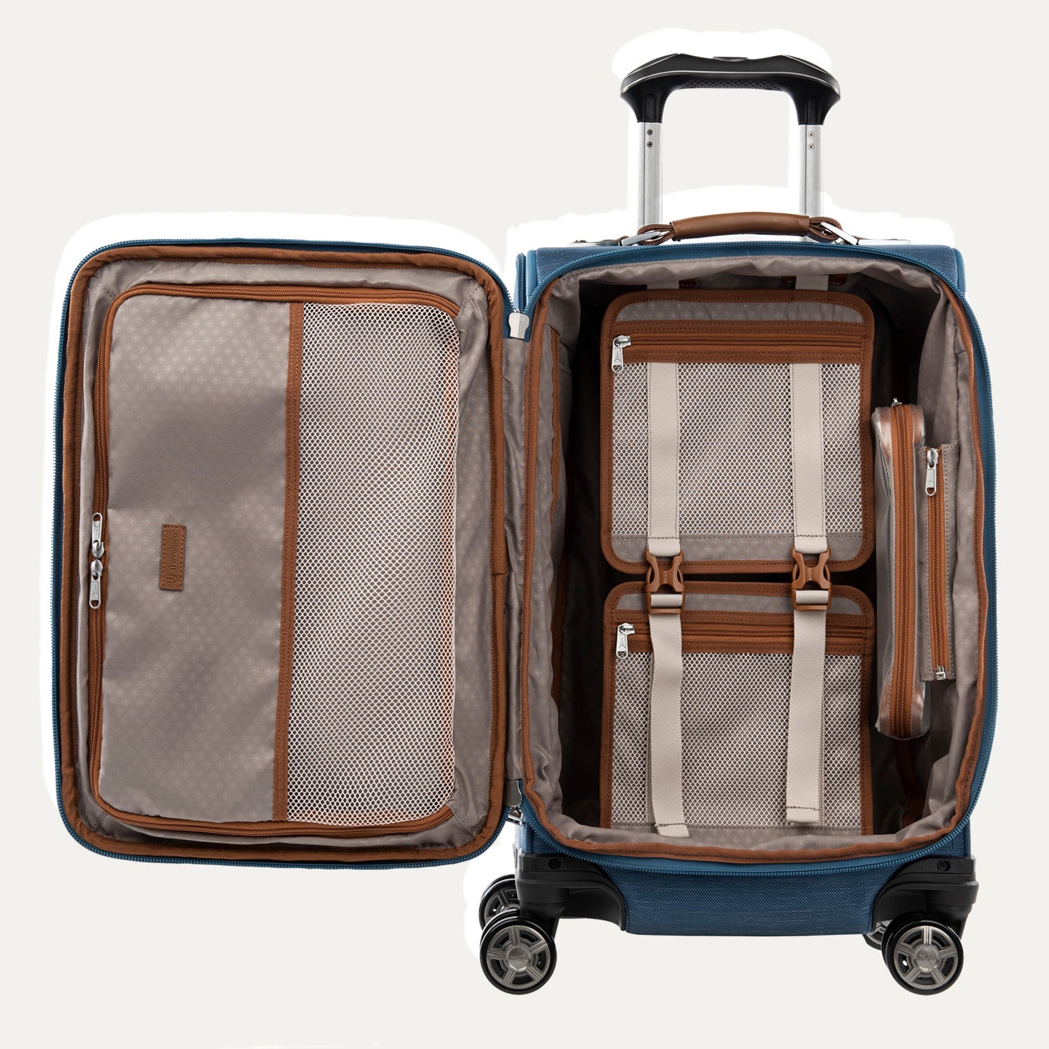 Open blue suitcase with black wheels and handle on a white background 