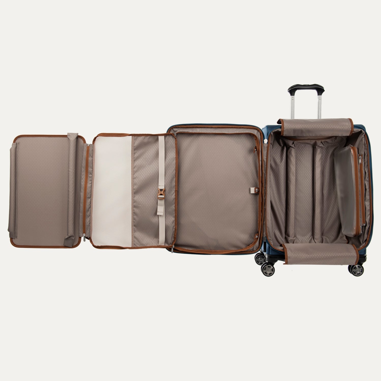 Open suitcase with open compartments on a white background