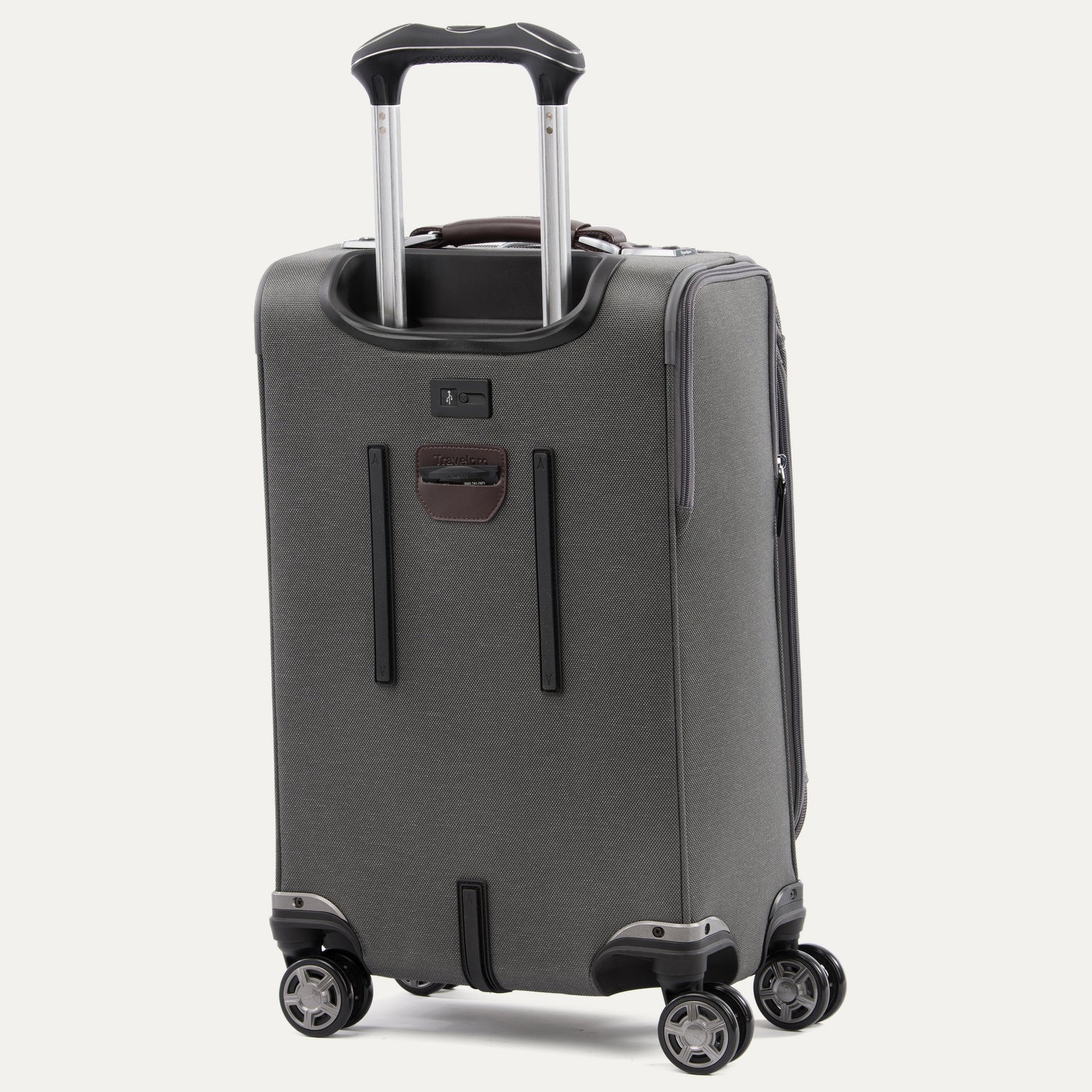 Gray suitcase with black handle and wheels on a white background