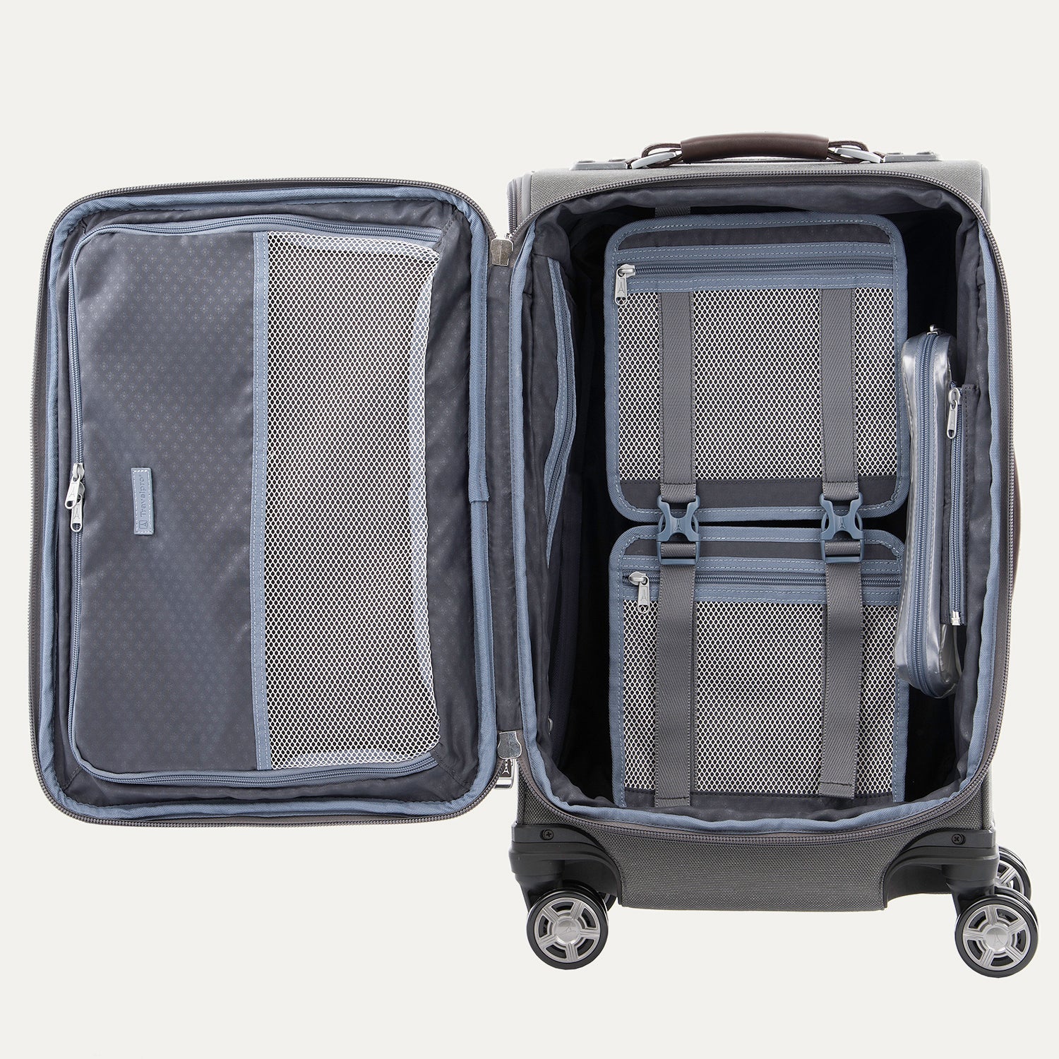 Open suitcase with interior organization panels on a white background