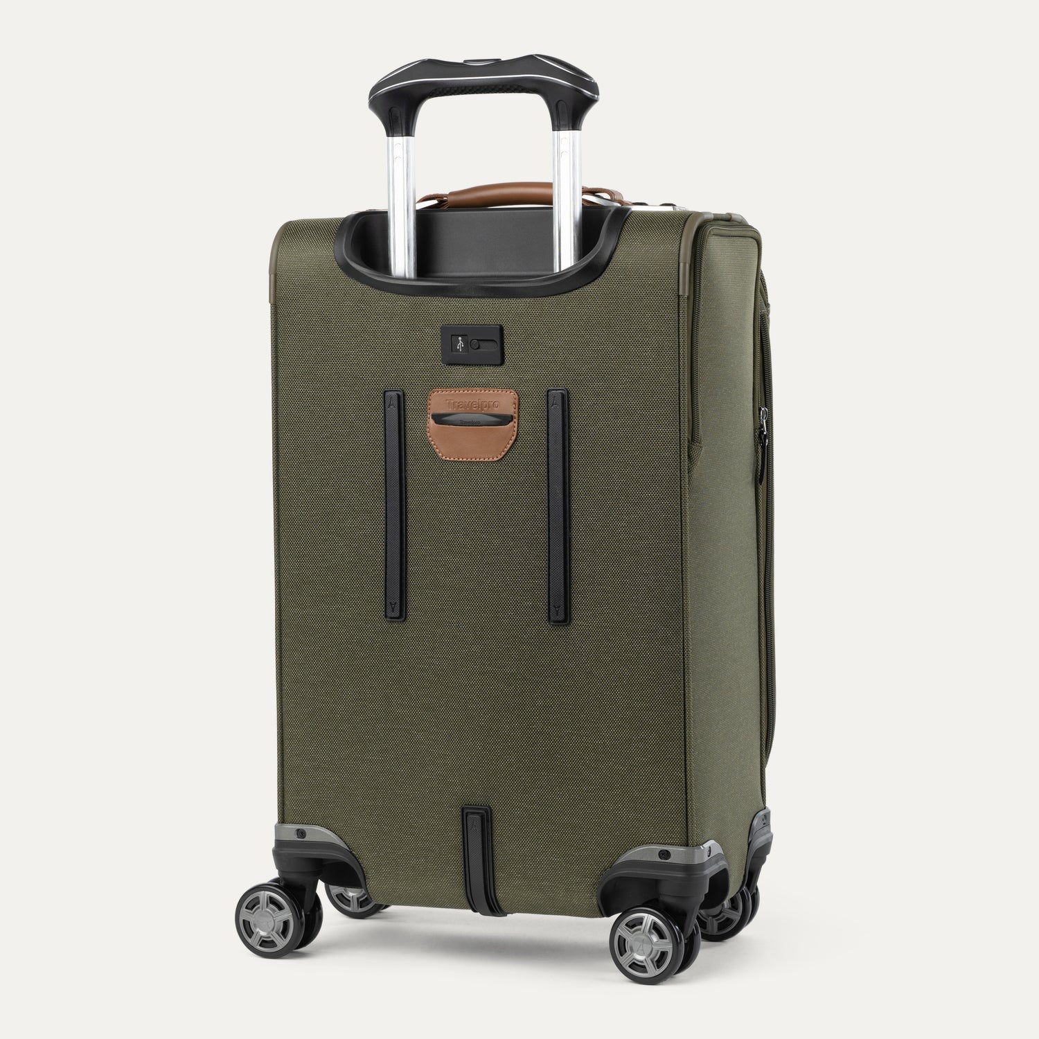 Green suitcase with black handle and wheels on a white background