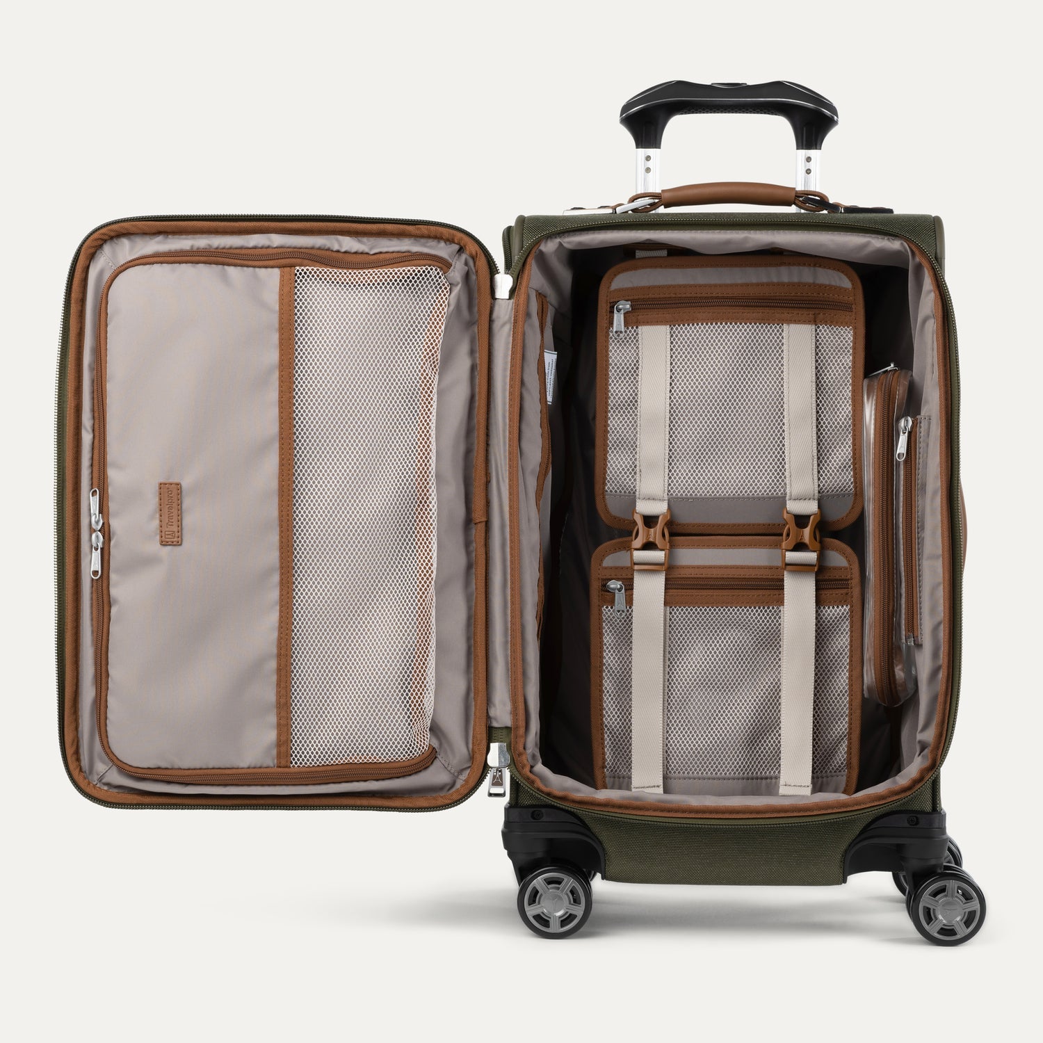Open green suitcase on a white background