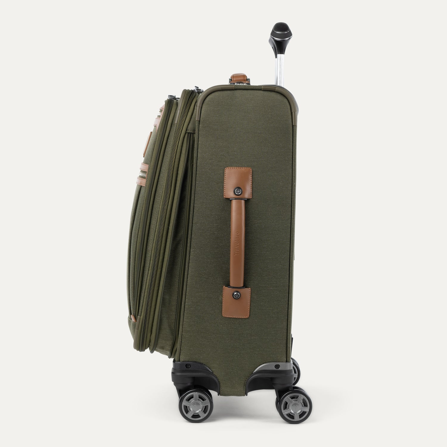Green suitcase with wheels on a white background