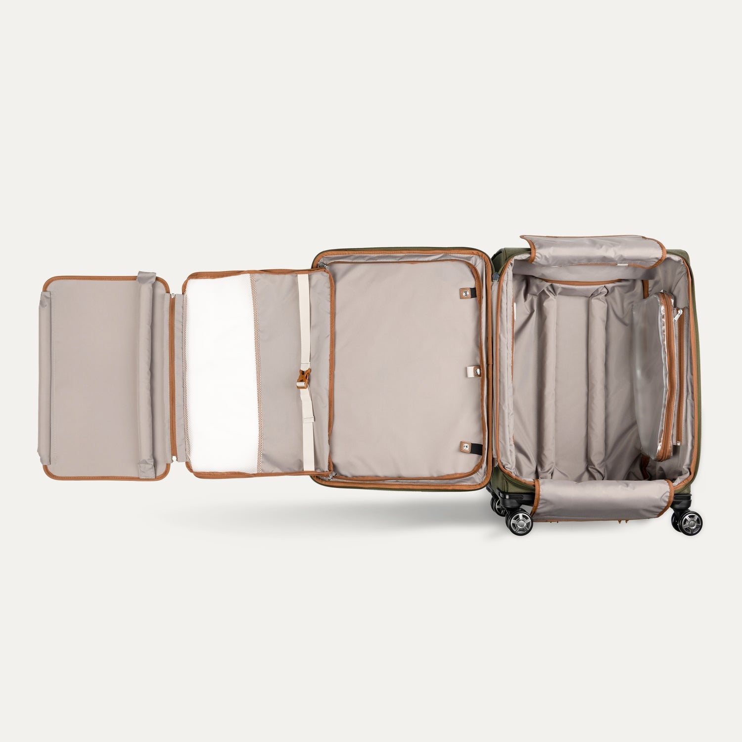Open suitcase with organized compartments on a white background