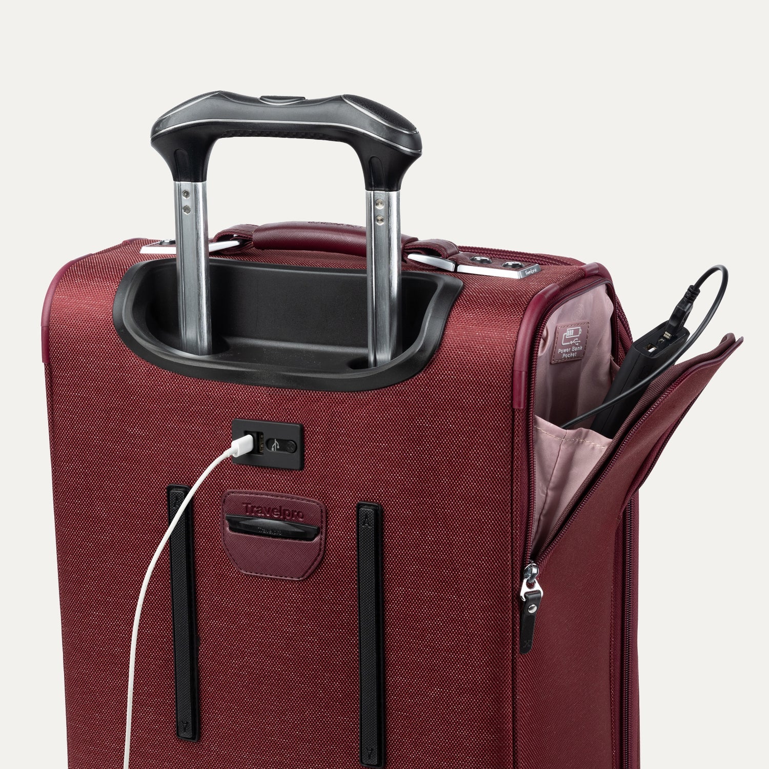 Red suitcase with open powerbank pocket on a white background