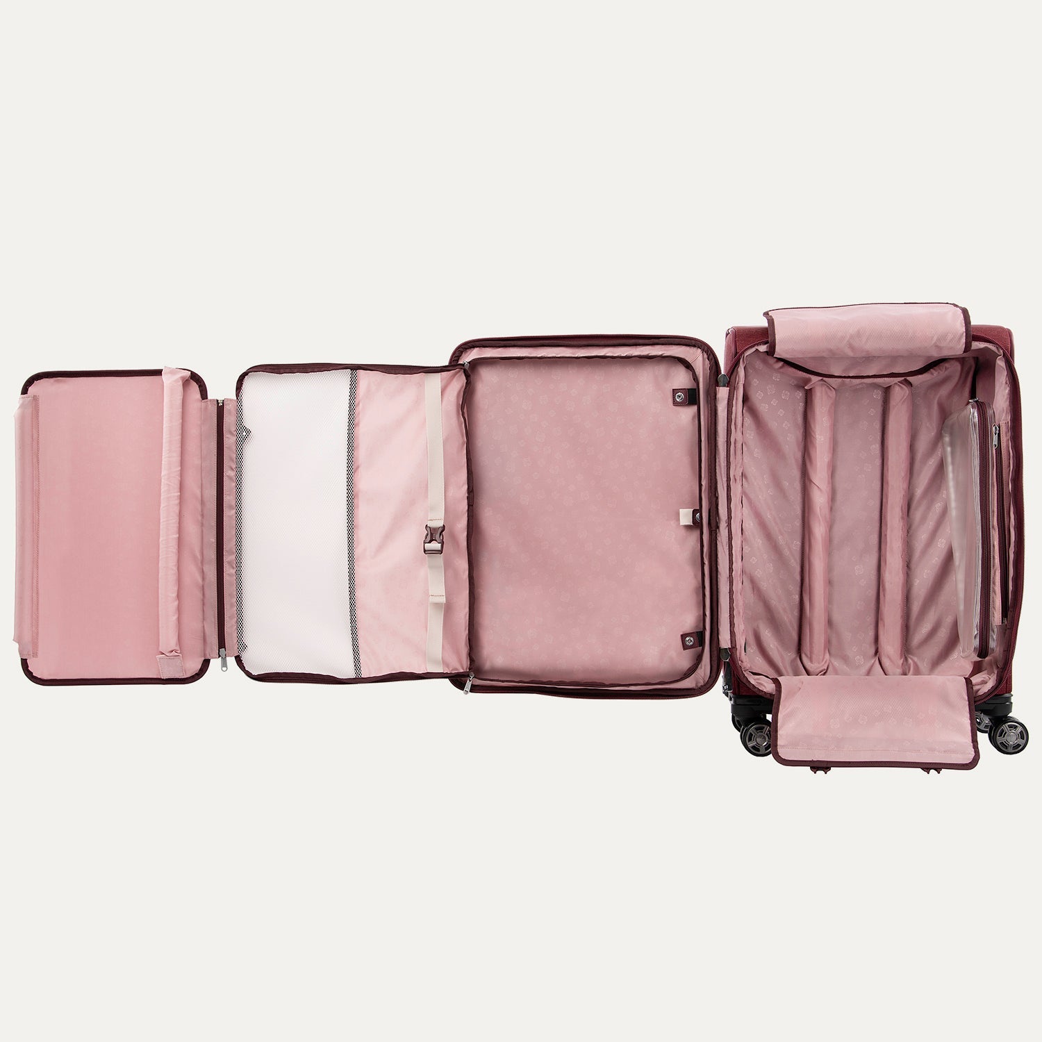 Pink suitcase with compartments open on a white background