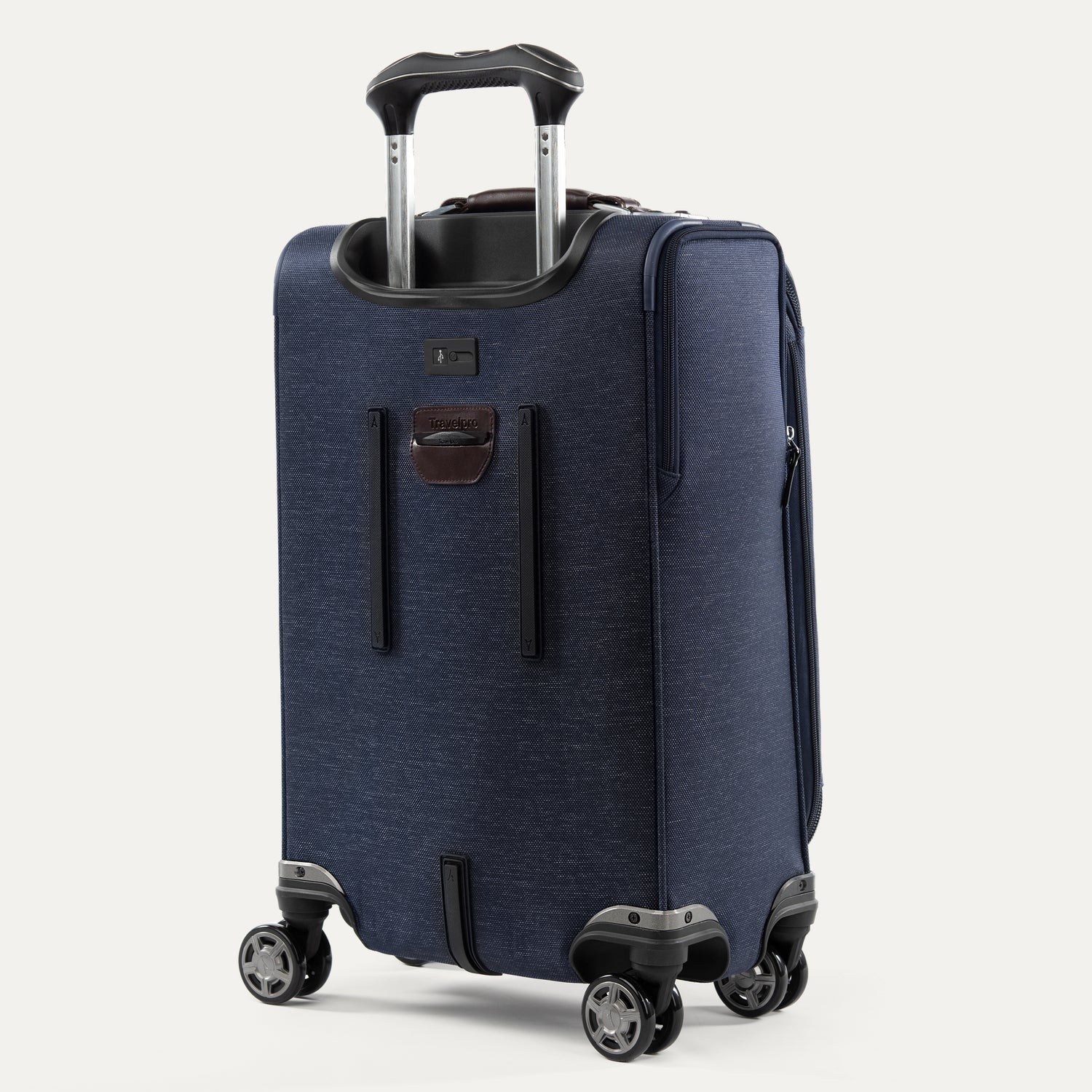 Blue suitcase with wheels on a white background
