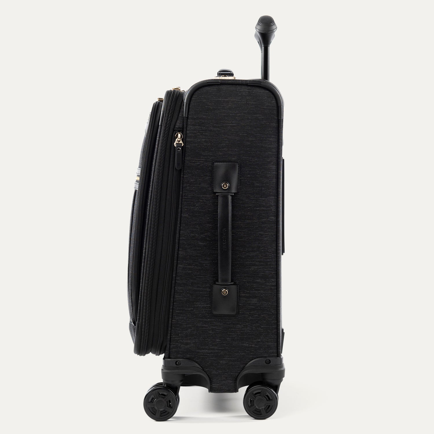 Side view of expanded black suitcase with black handles and wheels on a white background
