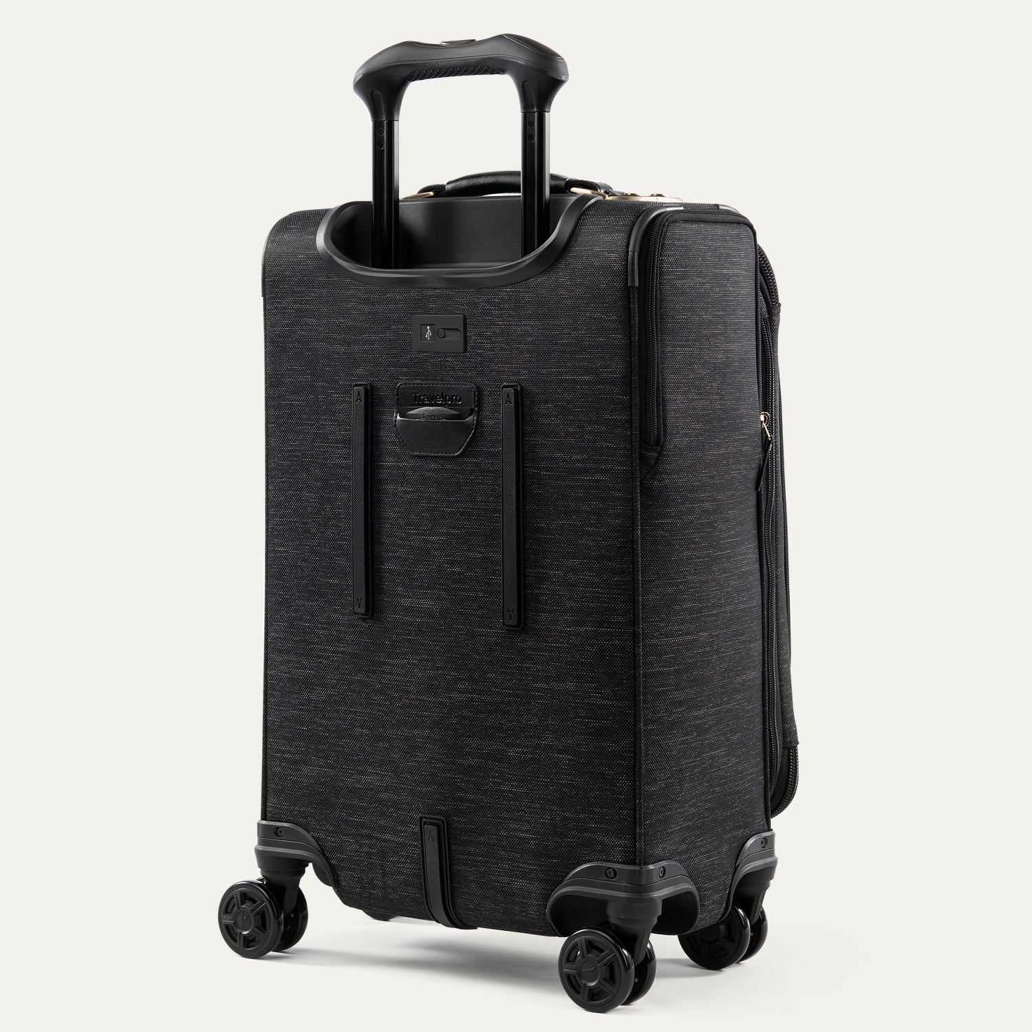Black suitcase with wheels and handle on a white background