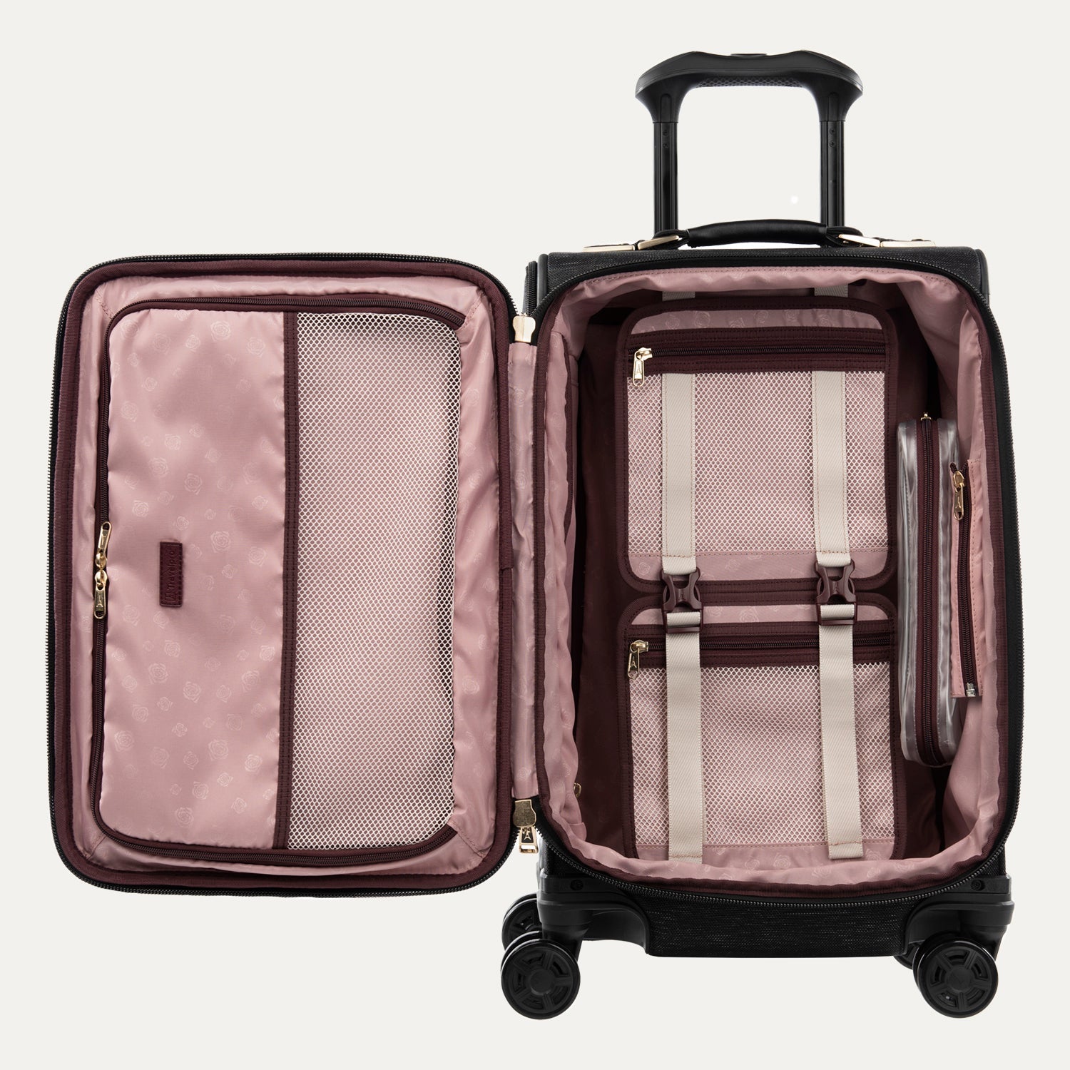 Open suitcase with pink interior and black exterior on a white background