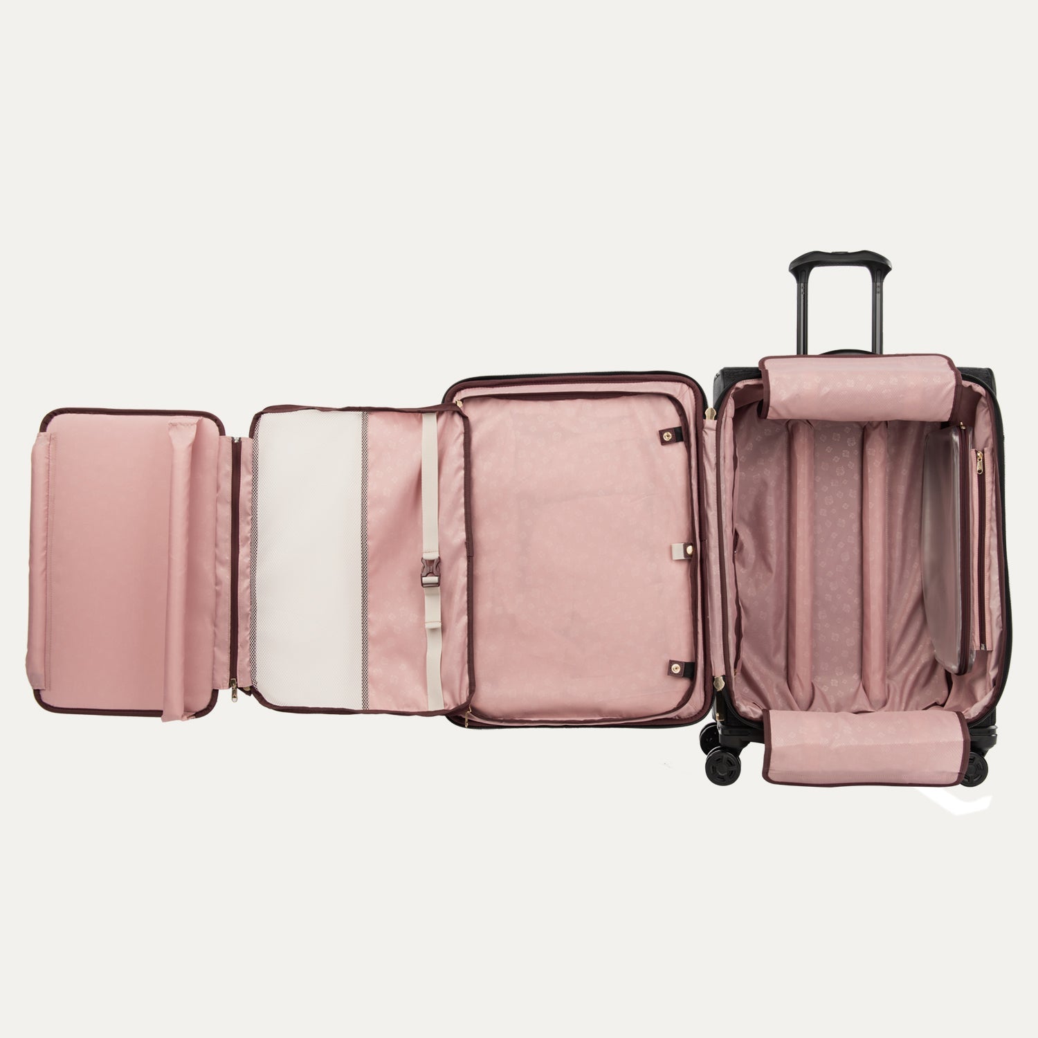 black suitcase with multiple compartments open on a white background