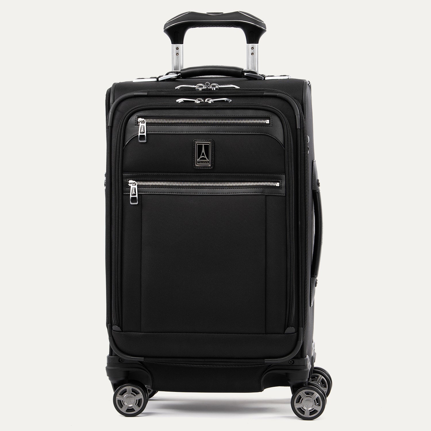 Front view of Travelpross Platinum Elite Carry-On Spinner in Shadow Black, with dual front zippered pockets, textured fabric, spinner wheels, and telescoping handle.
