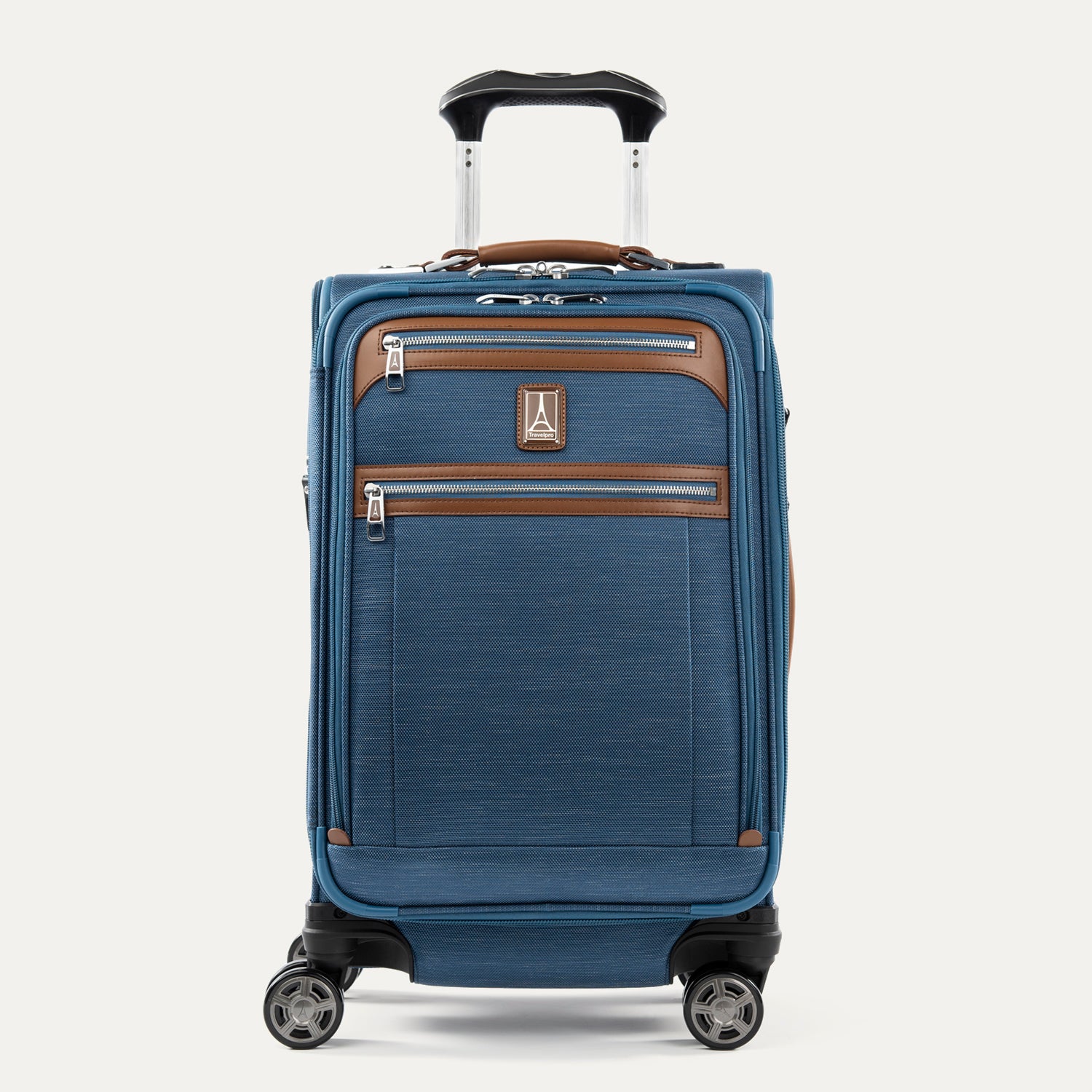 Front view of Travelpross Platinum Elite Carry-On Spinner in Coastal Blue, with dual front zippered pockets, leather trim, spinner wheels, and telescoping handle.
