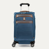 Front view of Travelpross Platinum Elite Carry-On Spinner in Coastal Blue, with dual front zippered pockets, leather trim, spinner wheels, and telescoping handle.
