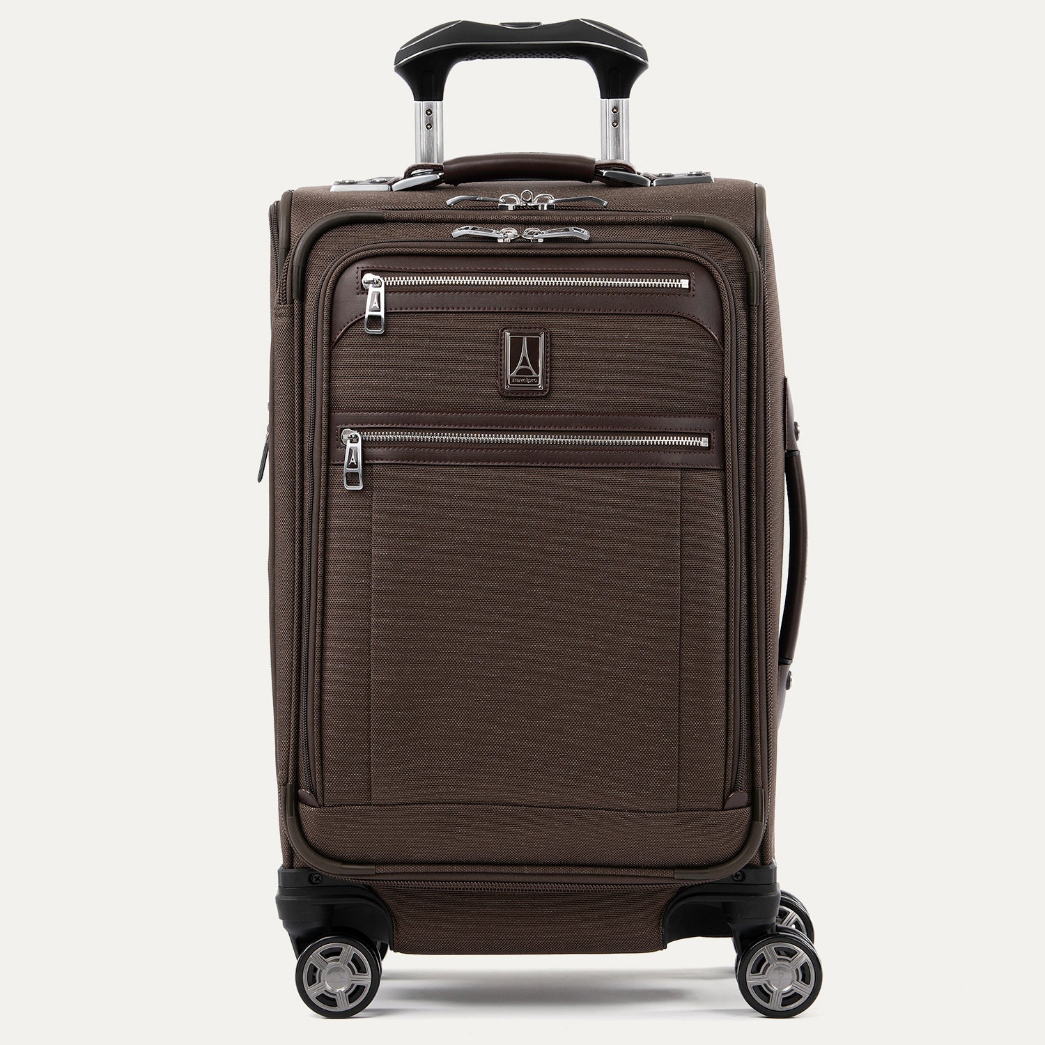 Front view of Travelpross Platinum Elite Carry-On Spinner in Rich Espresso, with dual front zippered pockets, spinner wheels, and telescoping handle.

